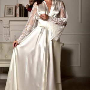 Long White Bridal Robe - White